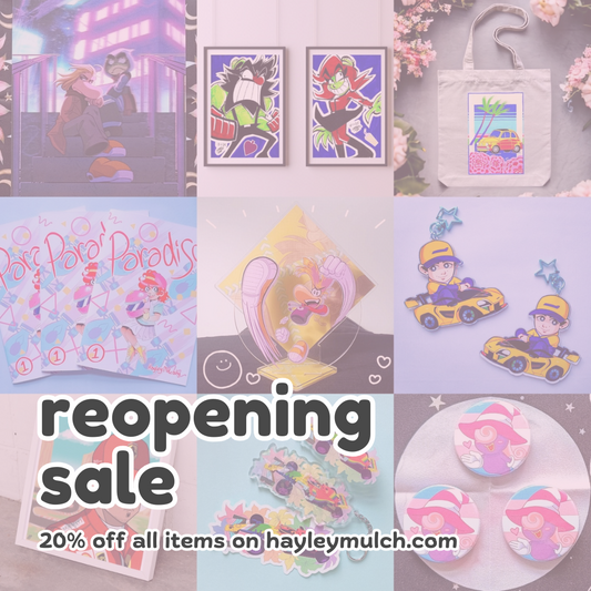 Graphic showing a collage of some of my art and merch, with a text that says: "reopening sale. 20% off all items on hayleymulch.com".