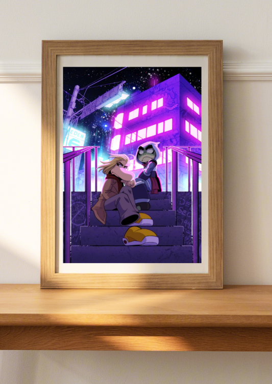 The aforementioned illustration pictured in a mock-up wooden frame that's sitting atop a wooden shelf.