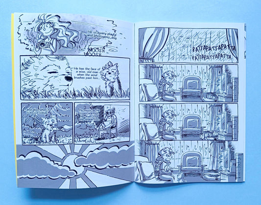 Some interior pages of Das My Bai where me and Jack are outside on a warm and windy day, and where we're inside on a rainy day.