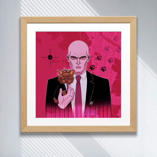 The aforementioned illustration in a mock up wooden frame placed on a grey modern wall.