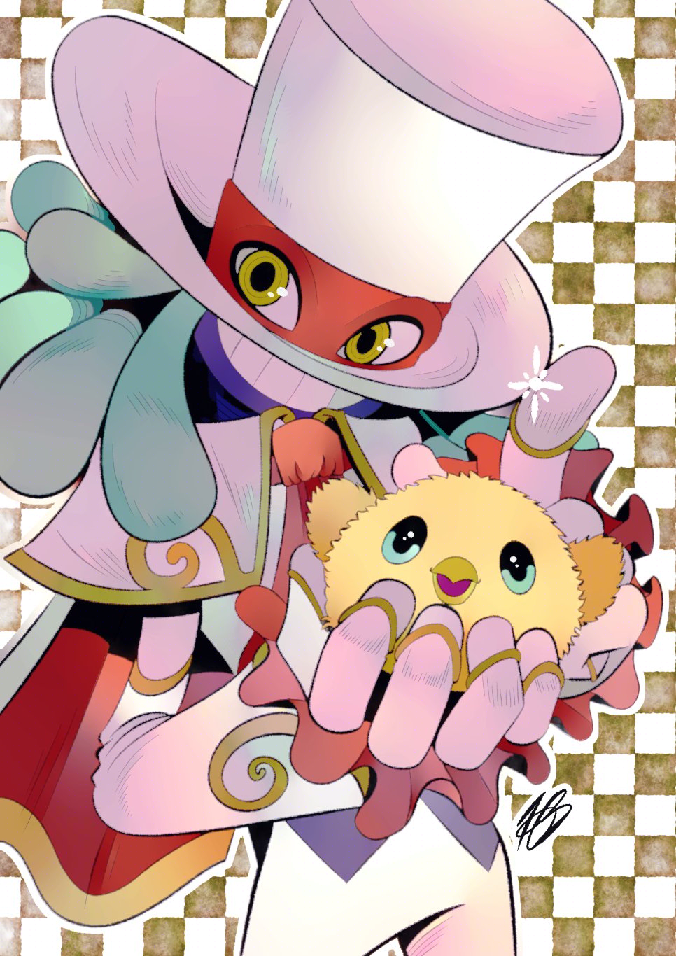 Digital illustration of Balan from Balan Wonderworld holding a yellow Tim. Balan is looking towards the viewer in a 3/4 angle view and is grinning. He is visible up to the start of his legs. He's holding the Tim, which is like a small yellow bird-like creature, with his right hand and his left hand is behind the Tim with his index finger pointing upwards.