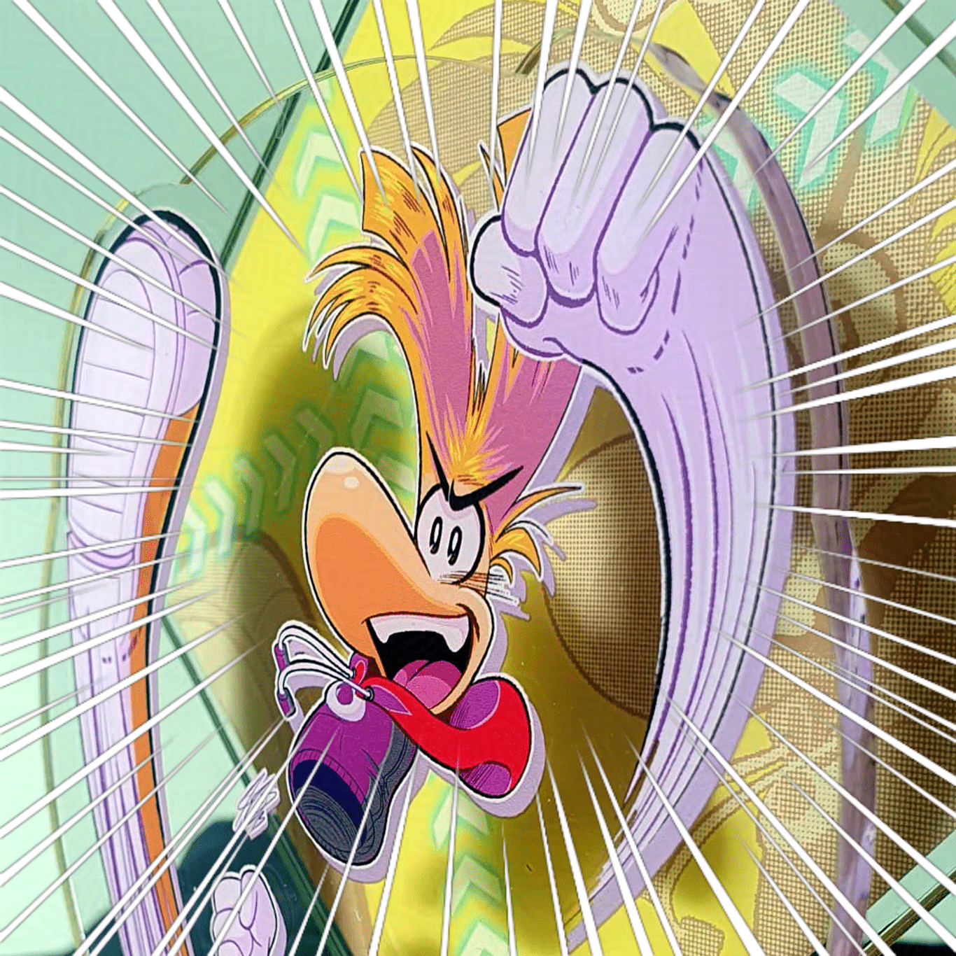 A close up of the Rayman acrylic standee from a side angle.