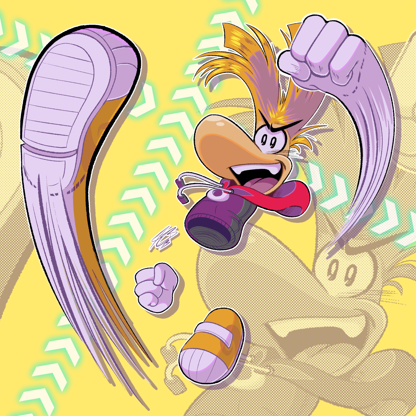 Full colour digital illustration of Rayman doing a punch and kick attack while smiling with an open mouth triumphantly. The background is yellow and features Rayman in a screen tone pattern, with glowing green arrows pointing upwards and across the background of the image.