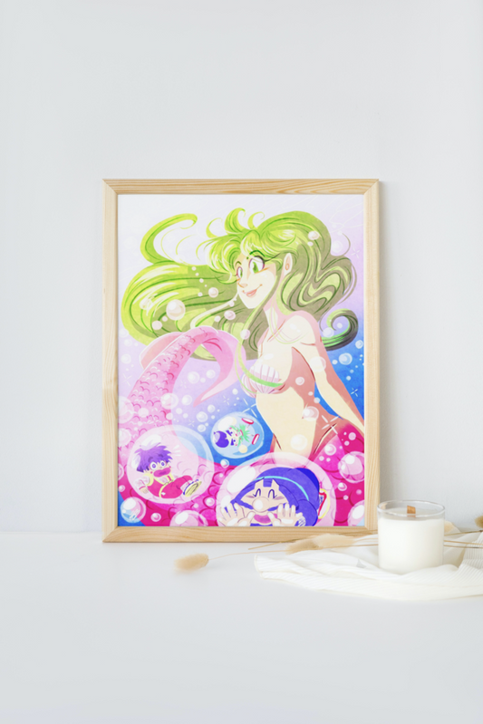 The aforementioned illustration of of the Mystical Ninja characters displayed in a mock-up frame for real life reference. It's in a wooden frame, placed on a white table, leaning against a white wall. To the right of the frame, a white cloth is seen with a white candle placed on top of it.