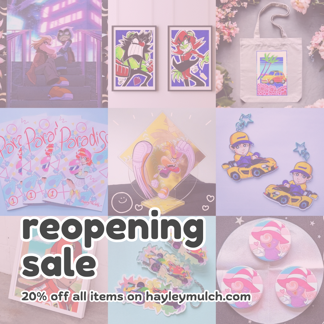 Graphic showing a collage of some of my art and merch, with a text that says: "reopening sale. 20% off all items on hayleymulch.com".