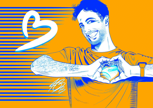A digital landscape size illustration of Daniel Ricciardo in a slightly stylised look, wearing a papaya coloured t-shirt, grinning to the viwer with his head tilted to the left, and doing the heart symbol with his two hands. There's a blue transparent, glowing heart within the heart shaped symbol he's making. There's blue speedlines in the background and the number 3 written to also resemble the shape of a heart. The colours of the illustration are in papaya, white and blue, with the lines drawn in blue.