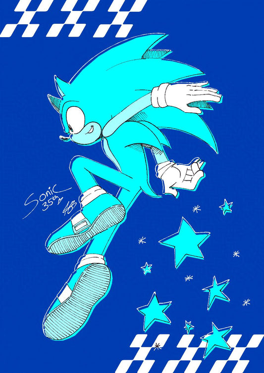 Monotone sketch illustration of Sonic the Hedgehog in a cool action pose, with various shades of blue and turquoise. There's stars behind him. The writing says 'Sonic 35th'.