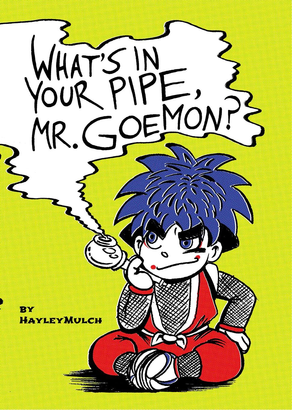 Cover to What's In Your Pipe, Mr. Goemon. It's a minimal colour illustration of Goemon, sitting down with his legs crossed, while smoke is wafting up from his kiseru. He's looking to the side with a smirk on his face. The colours are just yellow, red, blue and white in a screen tone effect.