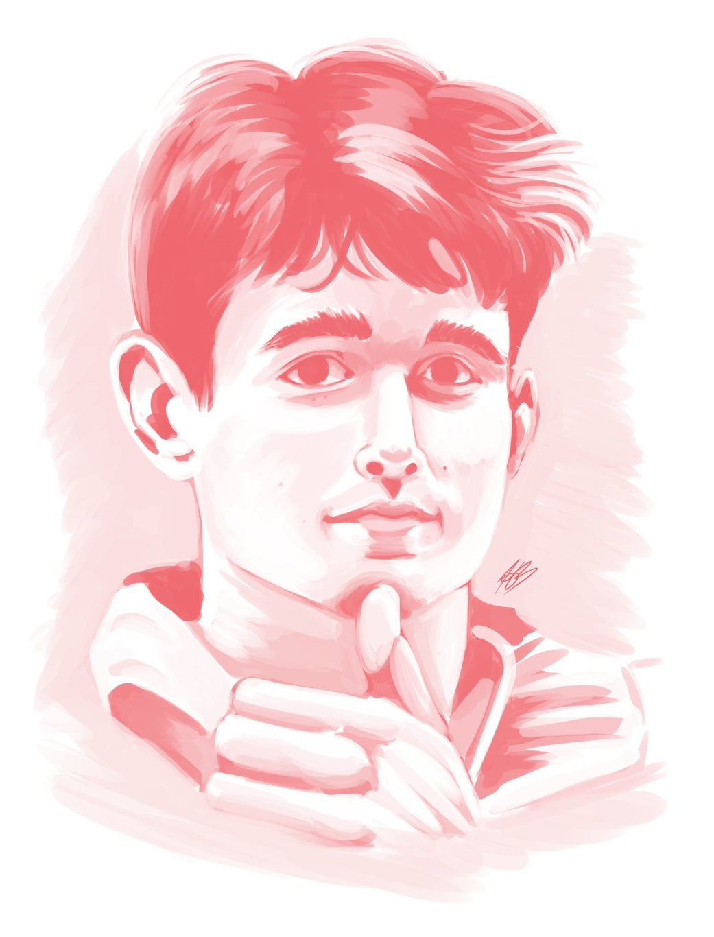 A red and white monochrome digital painting of a younger Charles Leclerc from his Alfa Romeo days in F1. It is a portrait painting where he's holding his left thumb up to his chin.