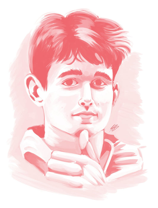 A red and white monochrome digital painting of a younger Charles Leclerc from his Alfa Romeo days in F1. It is a portrait painting where he's holding his left thumb up to his chin.