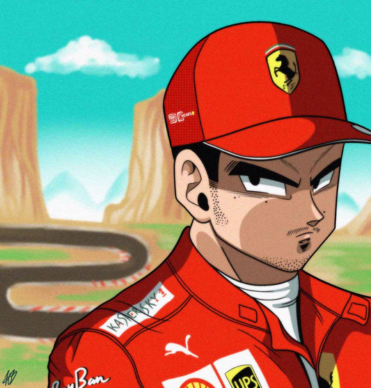 A digital square size illustration of Charles Leclerc drawn in Akira Toriyama (Dragon Ball Z) style, wearing his Ferrari race suit and cap. He's glaring in anger at the viewer. In the background, a Dragon Ball Z style mountainous region with a race track.