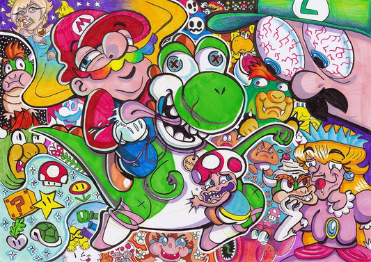 A media media traditional landscape sized illustration of Super Mario and other Mario characters like Yoshi, Toad, Luigi, Peach, Bowser, Rosalina and Daisy with more characters, drawn in very surreal styles with trippy, multicolours all over the page.