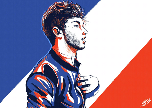 A stylistic, semi-realistic illustration of Pierre Gasly in a race suit with earplugs in his ears. His body is facing the right and he is in profile view from his upper torso, upwards. A diagoinal French flag is in the background. The image is in navy, blue, white and red.