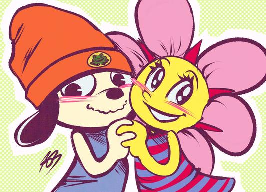 A digital ilustration of Parappa The Rapper and Sunny Funny holding hands together while their cheeks touch as they face the viewer. Both are blushing.