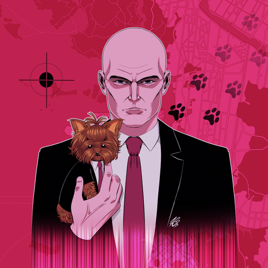 Digital illustration of Agent 47 holding a small Yorkshire Terrier in his hand. The Yorkie has his hair tied up and is in a suit like 47. The background is pinky-red with a map, black paw prints, and a black gun target marker.