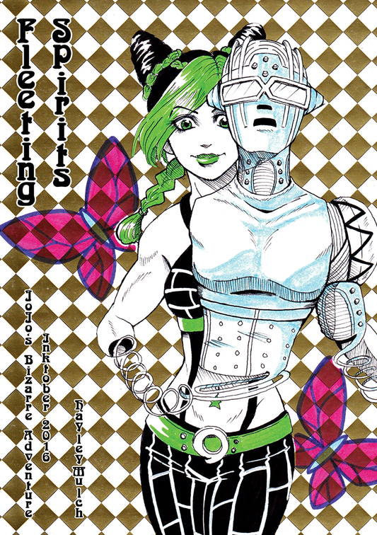 A JPG of the cover of the book, which features Traditional illustration of Jolyne Cujoh drawn in black fineliner and minimal ink markers for a splash of colour. Jolyne primary has green as her feature colour for her hair, lipstick and parts of her clothes. She peaks behind her stand Stone Free that's she's forming from her arms. Two pink and purple butterflies are in the background, along with a gold and white diagonal check pattern.