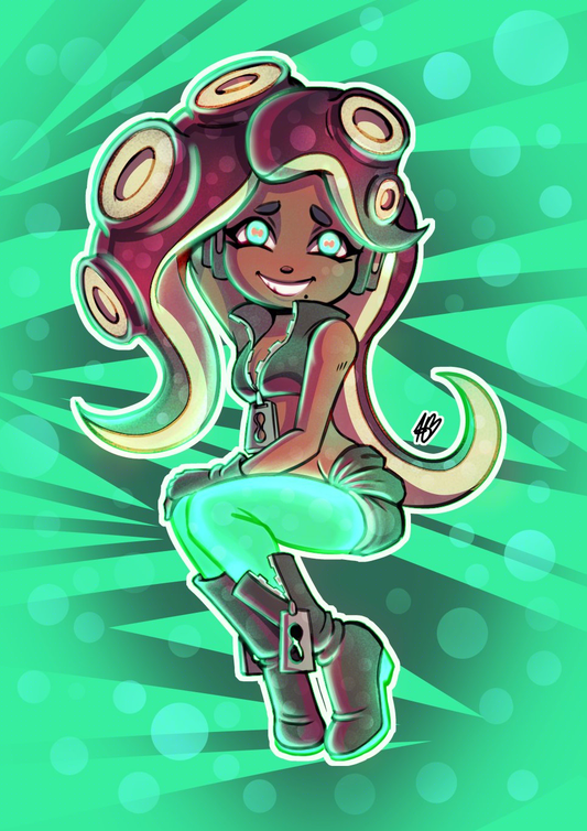 A digital illustration of Marina from Splatoon 2. The illustration is primarily in green, using different shades of green, as well as her canonical colours. She is smiling, looking towards the viewer and sitting down.