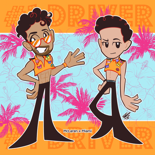 A digital illustration Daniel Ricciardo and Lando Norris drawn in a stylised cartoony chibi style, wearing their Miami GP crop tops. Daniel also wears red sunglasses. And the background is in baby blue and papaya colours with pink palmtrees and flowers. On the top and the bottom of the background it says #1 Driver. There's also text that says McLaren x Miami in between the two figures.