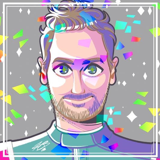 A stylistic, anime digital illustration of Sebastian Vettel in his green and pink Aston Martin race suit. It's illustrated with bold lines and a lot of solid, multi-colour areas. It is a bust portrait of him as he looks smiling towards the viewer. There's multi-coloured confetti in the background with white sparkles. A white double border frames the grey background.