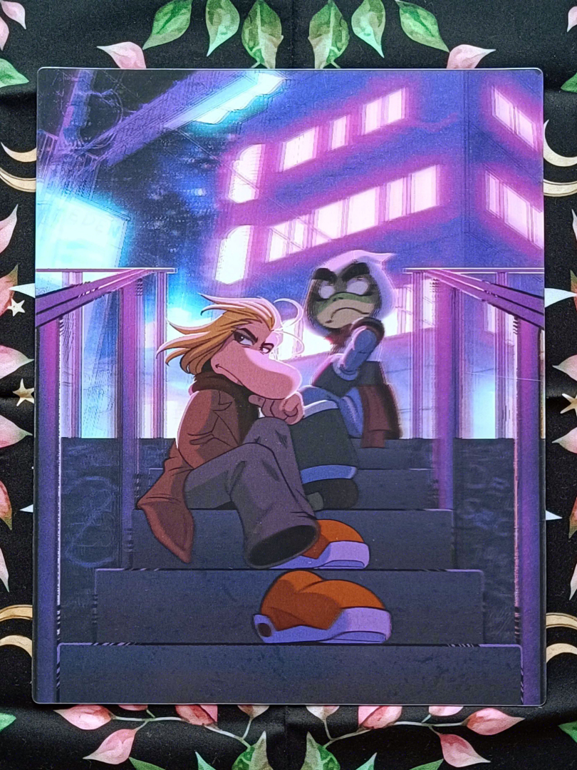 Digital illustration of Ramon (Rayman) and Bullfrog from Captain Laserhawk. It's night time in a rough part of the sitting, and they're sitting on the top of some concrete steps, with Ramon looking down towards the end of the steps and Bullfrog looking up somewhere. There's a big building with glowing pink neon windows and covered in graffiti. A telephone pole and other buildings are shown in the background, with a blue neon sign that reads EDEN. The city glows in pink and blue neons lights.