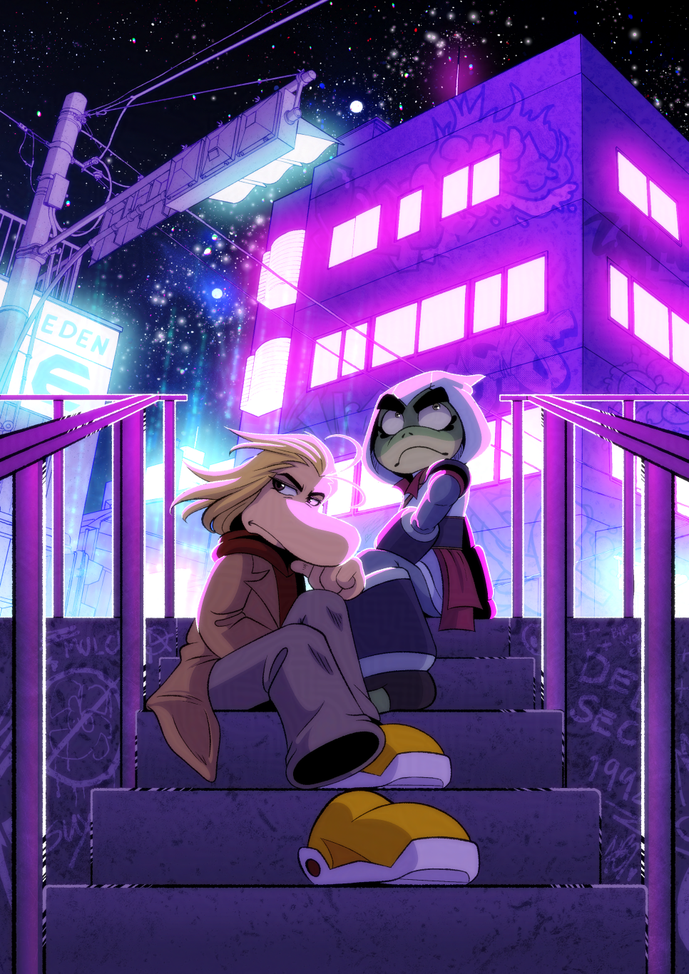 Digital illustration of Ramon (Rayman) and Bullfrog from Captain Laserhawk. It's night time in a rough part of the sitting, and they're sitting on the top of some concrete steps, with Ramon looking down towards the end of the steps and Bullfrog looking up somewhere. There's a big building with glowing pink neon windows and covered in graffiti. A telephone pole and other buildings are shown in the background, with a blue neon sign that reads EDEN. The city glows in pink and blue neons lights.