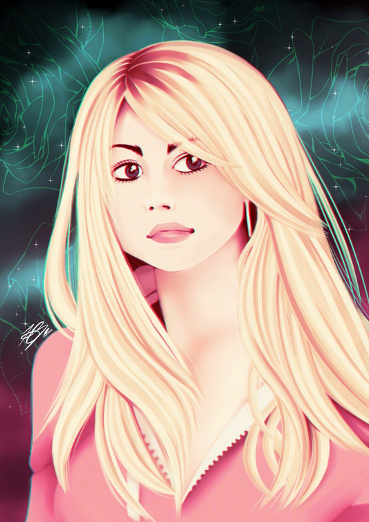 A digital illustration of Rose Tyler from Doctor Who. It's a portrait, meaning you see her head and as far as her bust. Her blond hair is loose and straight and she's wearing a pink hoodie. She's facing the viewer, but her eyes are looking to the right. Behind her is a background of space - moreso nebulae with stars. Transparent outlines of roses decorate this space background. There's also a slight red and blue 3D glasses effect on Rose.