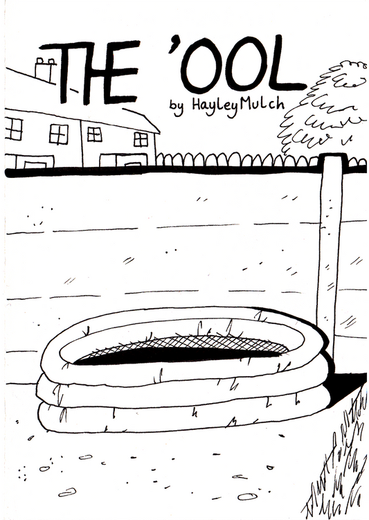The cover of the short comic THE 'OOL, which is in black and white and drawn in black pen. It's a drawing of an inflatable, circular paddle pool with water in it. It's set against a fence and you can just see the neighbours houses and trees from other neighbours back gardens. The text on it reads "THE 'OOL by HayleyMulch".