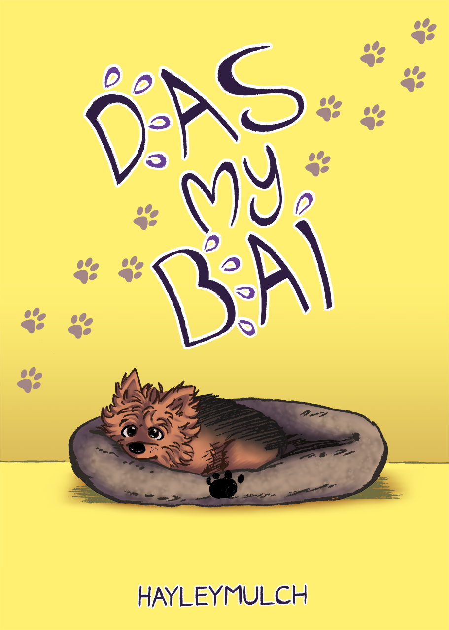 A JPG graphic image of the front comic book cover to Das My Bai which has primarily a yellow background with paw prints and Jack the Yorkshire Terrier dog looking at the viewer while lying in his bed.