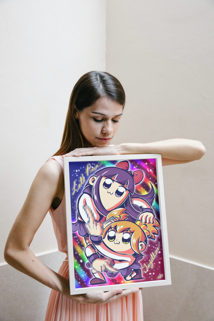 The aforementioned illustration of Popuko and Pipimi displayed in a mock-up frame for real life reference. It's in a white frame, which is being held by a white, black-haired woman wearing a light pink dress. The space she's standing in is a conrer of a room that's painted white.