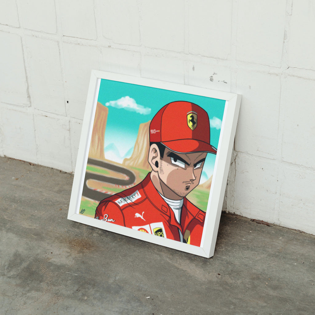 The aforementioned Charles Leclerc illustration shown in a mock-up display frame for real life reference. The frame is placed on the ground and is leaning beside a white brick wall.